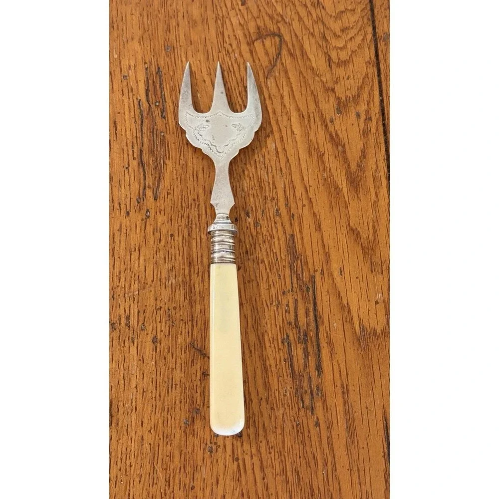 Antique Silverplate Fork 3 Tine Serving Fork Ivory Plastic Handle EPNS